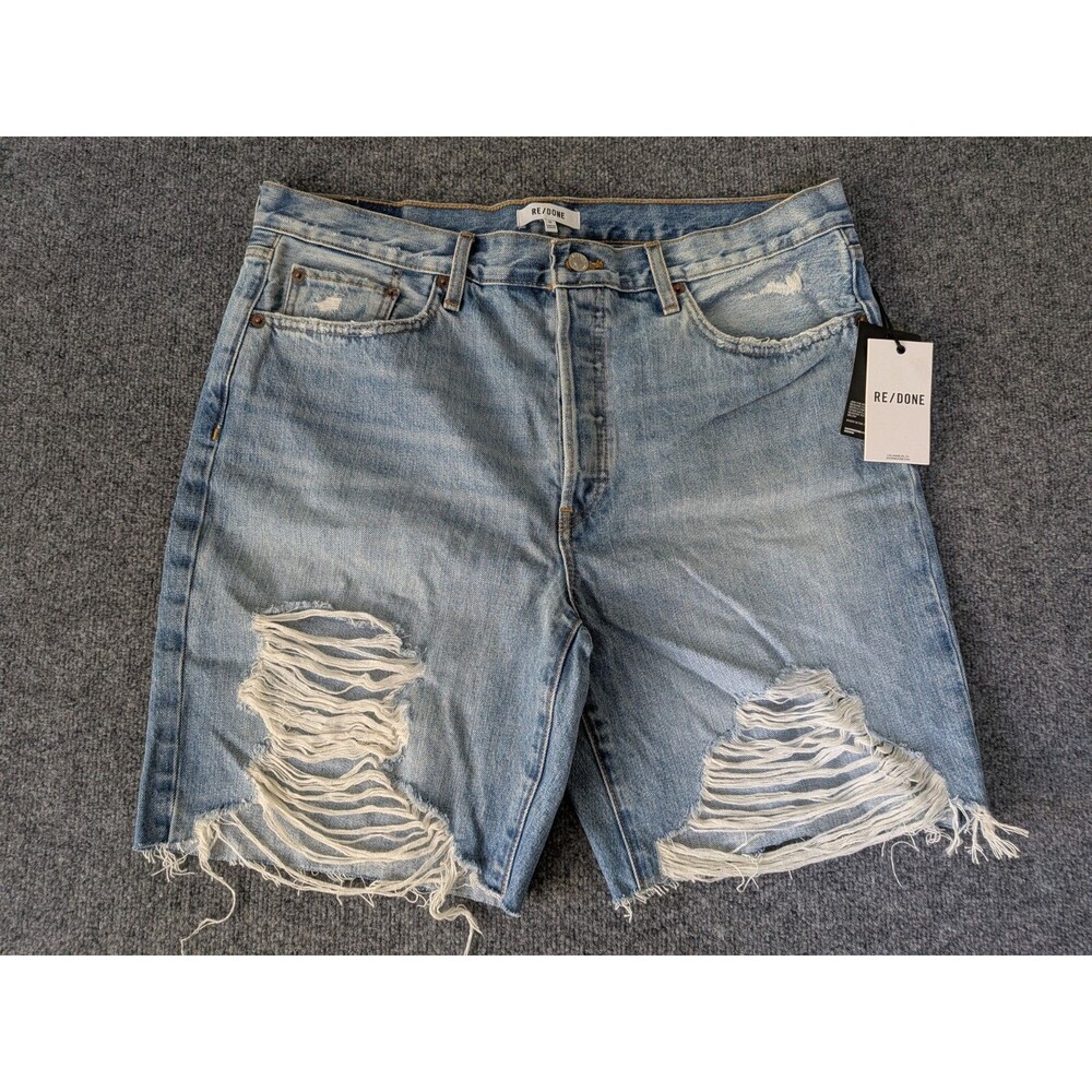 RE/DONE Loose Long Short Minerva Destroy Distress High Rise Denim Shorts 30 NWT